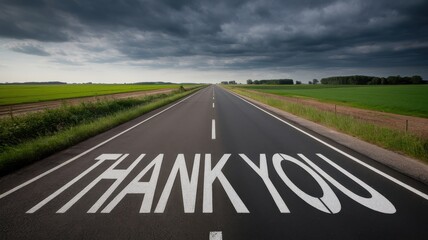 Thank you message painted on a road under stormy sky