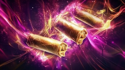 Golden Food Rolls in a Cosmic Display: An Artistic Food Presentation