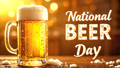 A beer mug with frothy beer on a wooden table, with the inscription 'International Beer Day' in a stylish font on a pub background