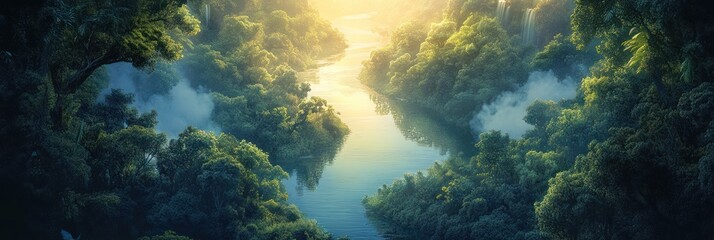 Serene River Flows Through Lush Tropical Rainforest