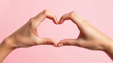 Fototapeta premium Hands making heart shape, love symbol over Pink pastel background