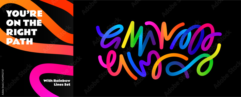 Poster Lines with Color Gradient on a Black Background. Abstract Pattern of 3D Wavy Shapes. Vector Graphic of Rainbow Ribbons