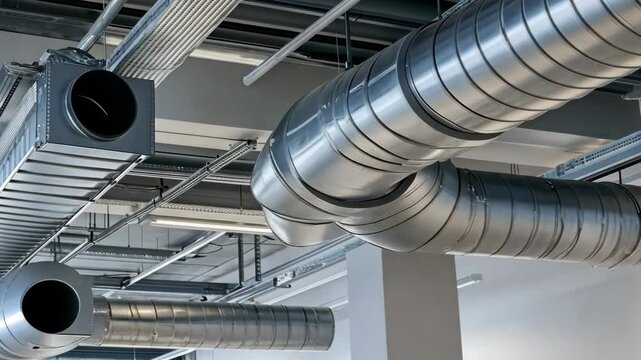 Metal HVAC ducts and electrical conduit in a modern building's ceiling