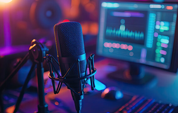 A microphone is positioned in front of a computer screen displaying audio editing software.