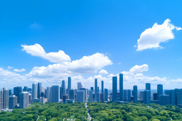 A stunning aerial view of a modern city skyline against a vibrant blue sky. Tall skyscrapers rise amid lush greenery, showcasing the balance between urban development and nature.