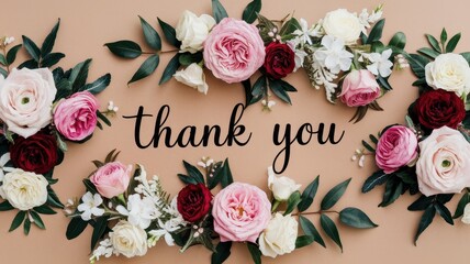 Thank you message with beautiful floral arrangements on beige background