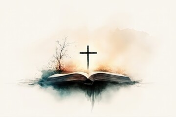 Open Bible with Cross and Rays of Light in Mystical Atmosphere. Digital watercolor illustration