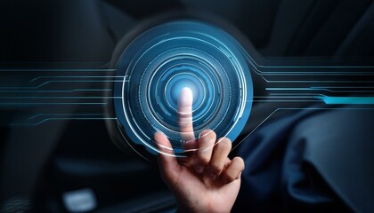 a futuristic start button pressed by a hand symbolizing the beginning of a new journey