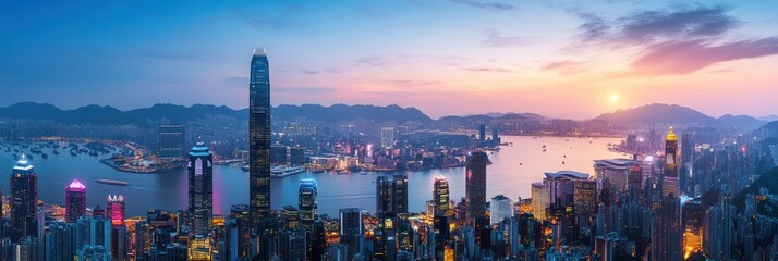 Fototapeta premium Hong Kong Cityscape Sunset Panorama Stunning Skyline View
