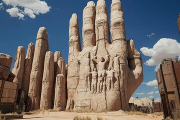 People gathered on a massive hand that directs towards an unknown destination