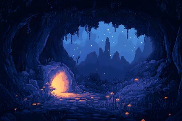 Fototapeta premium Mysterious cavern with glowing entrance illuminated by moonlight at dusk in a pixel art style