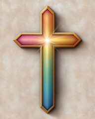 Minimalist Gold Cross illustrated as a minimalist gold cross softly infused with pastel gradients and a glowing celestial ambiance, Modern Gold Crucifix