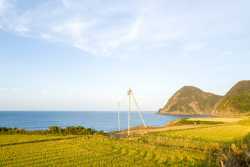 The coast with rice fields and mountains in Asia, Japan, Kansai, Kinosaki, in summer, on a sunny...