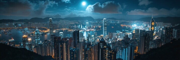 Naklejka premium Nighttime Hong Kong Cityscape Illuminated Under a Full Moon