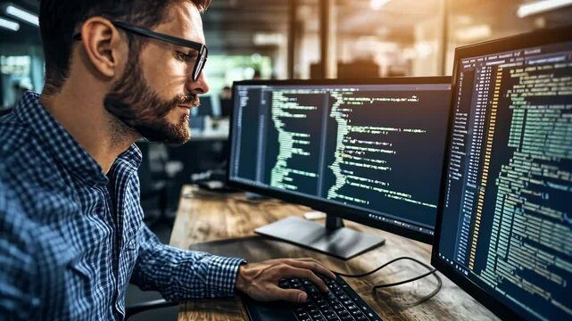 Programmer coding on dual monitors in busy office