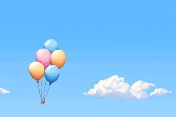 Fototapeta premium Colorful balloons rise against a bright blue sky with fluffy clouds in a serene atmosphere