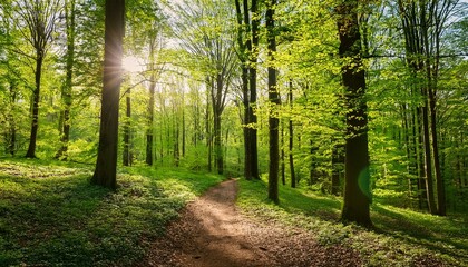 green trees with young foliage in spring forest beautiful nature background spring landscape with pathway in sunny day