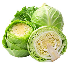 Fototapeta premium Fresh Green Cabbage Whole and Sliced Isolated on white background as Transparent Background, AI-Generated PNG