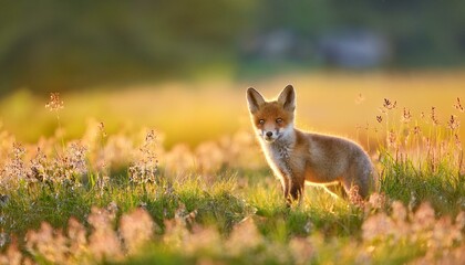 red fox vulpes vulpes cub looking to the camera on sunny meadow in summer young mammal standing on field in sunlight little animal watching on flowered glade