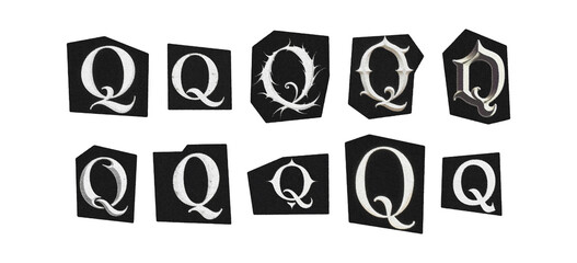letter Q, set of cut-out symbol from magazines on a transparent background, black and white gothic ransom style