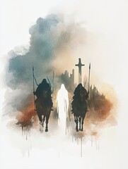 Mysterious Warrior and Glowing Figure Approaching the Cross. Digital watercolor illustration