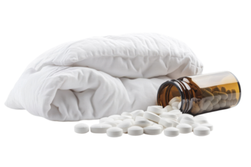 A cozy scene depicting a spilled bottle of pills next to a fluffy white comforter in soft lighting isolated on transparent background