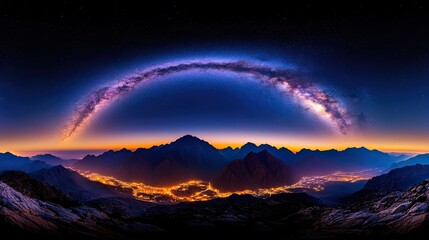 Milky Way Arcing Over Nighttime Mountain Cityscape