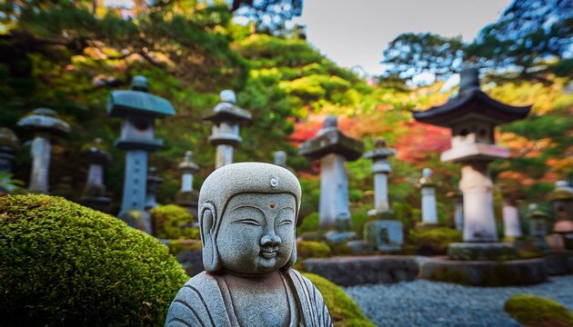 view of a little jizo buddha statue in a japanese garden at enkoji temple kyoto japan
