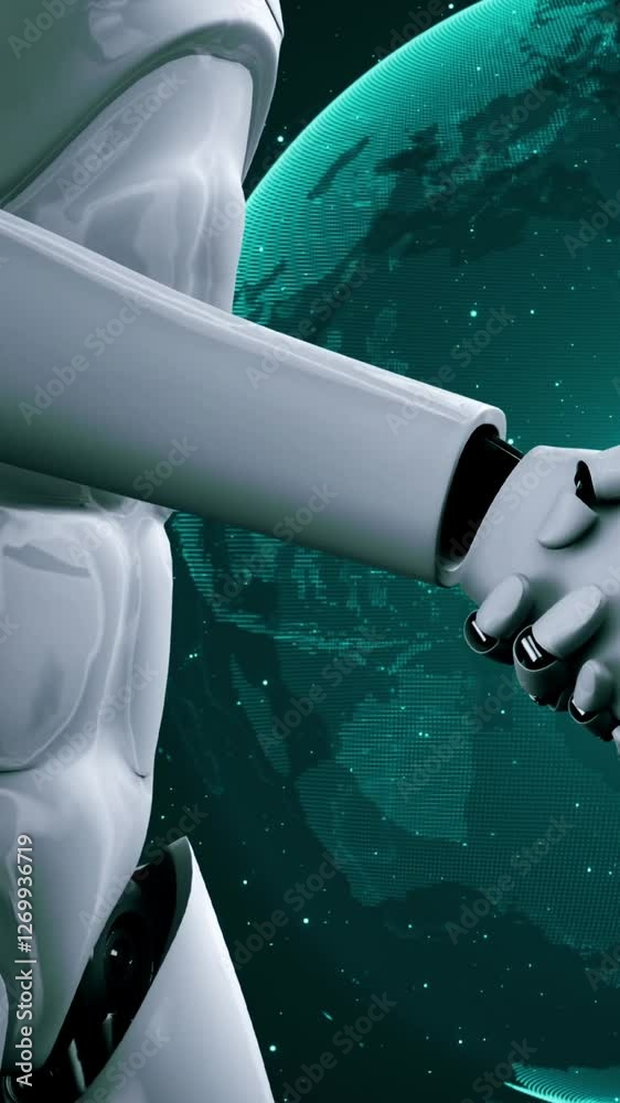 Poster 3d rendering hominoid robot handshake to collaborate future technology development by ai thinking br