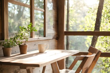 Obraz premium Sunlit wooden table and chair with coffee cup and potted plants in tranquil nature setting