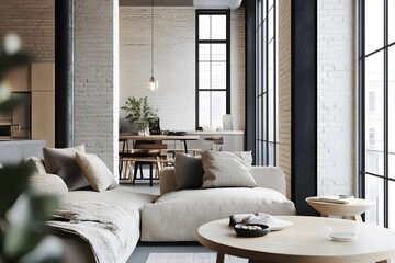 Cozy modern living room with natural light and minimalist design features in an urban apartment
