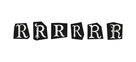 letter R, set of cut-out symbol from magazines on a transparent background, black and white gothic ransom style