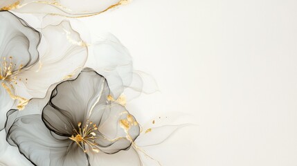 Elegant abstract floral design features delicate translucent petals with gold accents in soft neutral tones for flyers, posters, designing presentations, invitations, cards, background wallpaper