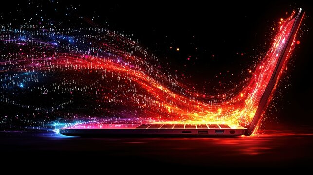 Laptop data streams, night, code, fiery glow, tech