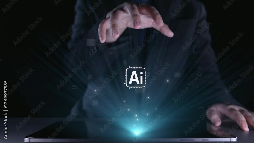 Poster human interact with ai artificial intelligence brain processor in concept of ai artificial intellige