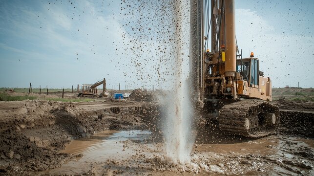 Heavy machinery drilling for artesian well water supply, showcasing water and soil displacement.