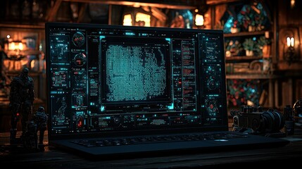 Laptop displays scan data in rustic workshop
