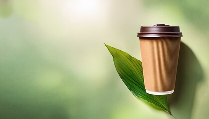 sustainable sips kraft paper coffee cup with green leaf on eco friendly background and copy space