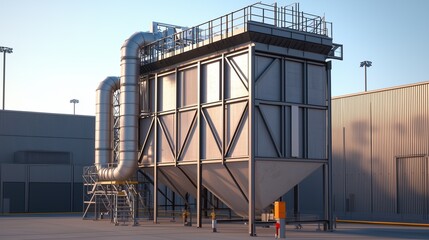 Fototapeta premium Industrial dust collector in a construction site, emphasizing air filtration and pollution control.