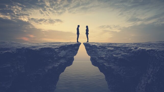 Two people stand on opposite cliffs, symbolizing mediation and bridging gaps.