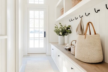 Welcoming entryway decorated with natural accents and bright lighting in a modern home