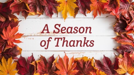 Autumn leaves border a message of thanksgiving on white wood