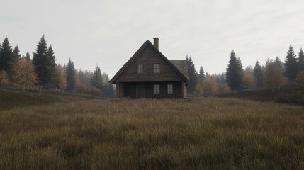 Fototapeta premium Rustic Cabin in Foggy Forest Landscape, Suitable for Nature/Travel Posters