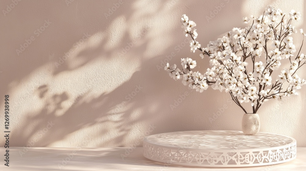 Poster a minimalist podium showcases a blossoming branch in a delicate vase, creating subtle shadows on a s