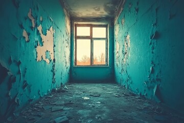 Fototapeta premium Sunlight streams through a broken window, illuminating the decayed walls of an empty building