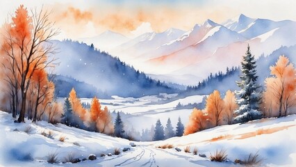Breathtaking winter mountain landscape with snow-covered hills and autumn trees under a soft sky
