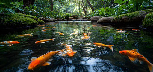 Colorful koi fish swimming in a serene pond surrounded by lush greenery during a sunny afternoon
