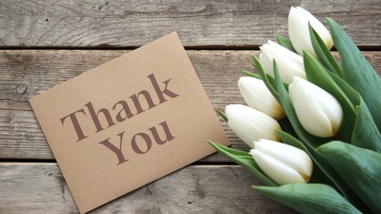 A thank you card lies next to white tulips bouquet