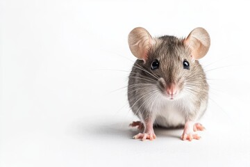 Adorable small brown mouse on white background with curious expression