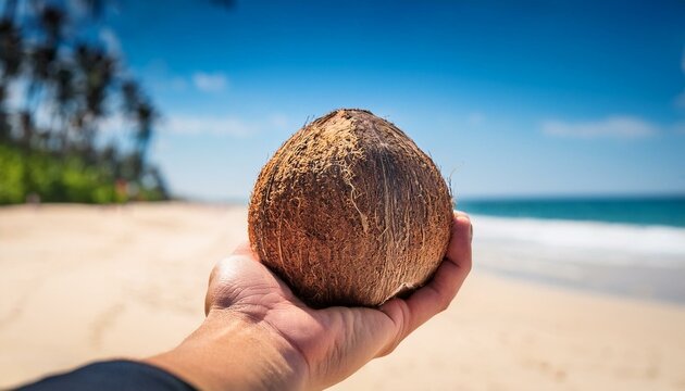 pov closeup a hand holding coconut on a beach walk low desire slow living good enough low expectations concept acceptable sufficient average satisfactory ordinary lifestyle